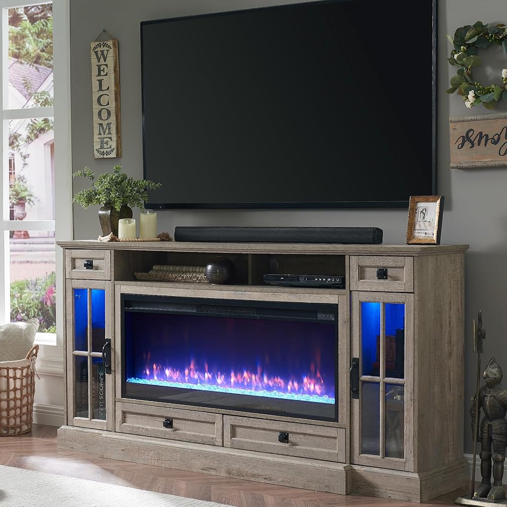 OKD Fireplace TV Stand for 80 Inch TV, Farmhouse Entertainment Center with 42