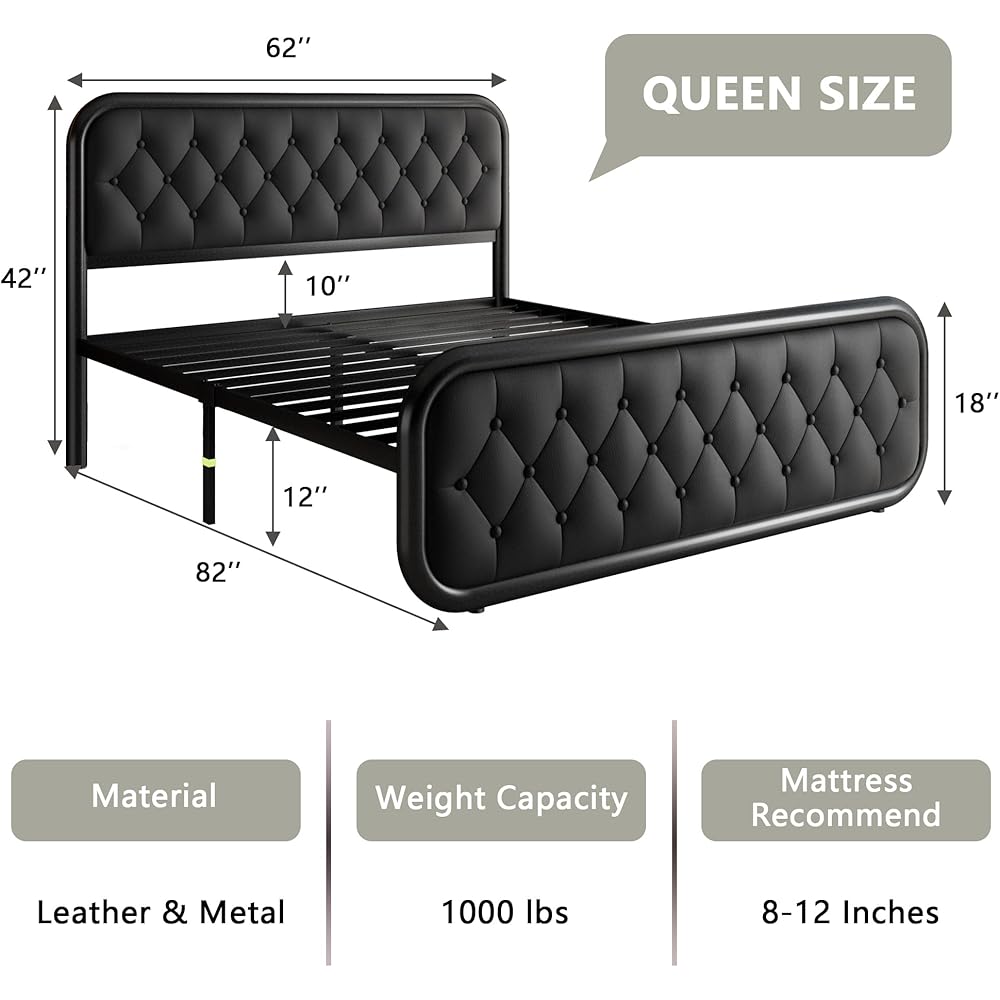 Feonase Queen Size Bed Frame, Heavy Duty Bed Frame with Faux Leather Headboard, Upholstered Platform Bed with Strong Metal Slats, 12