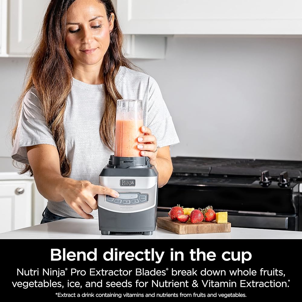 Ninja BL660 Professional Compact Smoothie & Food Processing Blender, 1100-Watts, 3 Functions -for Frozen Drinks, Smoothies, Sauces, & More, 72-oz.* Pitcher, (2) 16-oz. To-Go Cups & Spout Lids, Gray: Electric Countertop Blenders: Home &