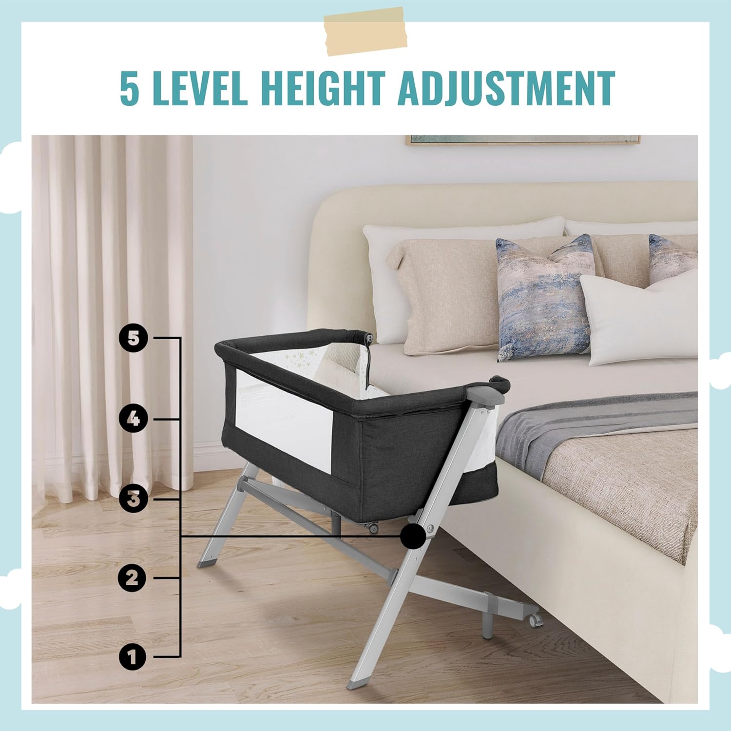 Dream On Me Skylar Bassinet and Beside Sleeper in Black, Lightweight and Portable Baby Bassinet, Five Position Adjustable Height, Easy to Fold and Carry Travel Bassinet, JPMA Certified