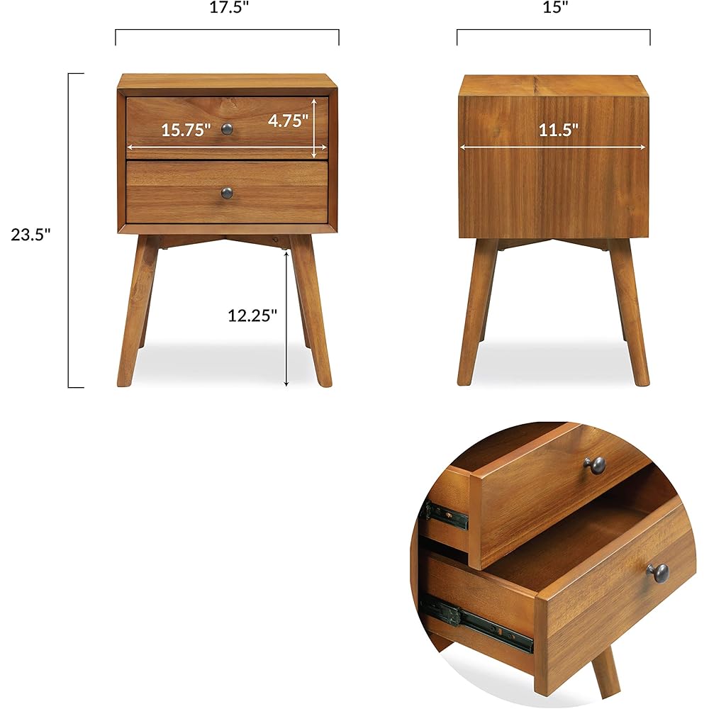 Edgemod Mid-Century Modern Nightstand – Solid Wood Bedside Table with 2 Drawers, Acorn Walnut Finish, 23.5