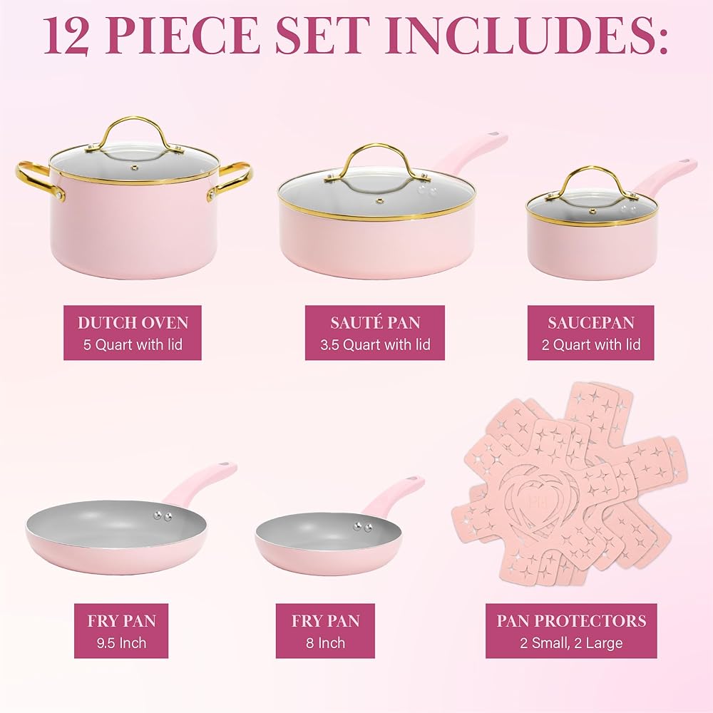 Paris Hilton Epic Nonstick Pots and Pans Set, Multi-layer Nonstick Coating, Tempered Glass Lids, Soft Touch, Stay Cool Handles, Made without PFOA, Dishwasher Safe Cookware Set, 12-Piece, Pink: Home & Kitchen