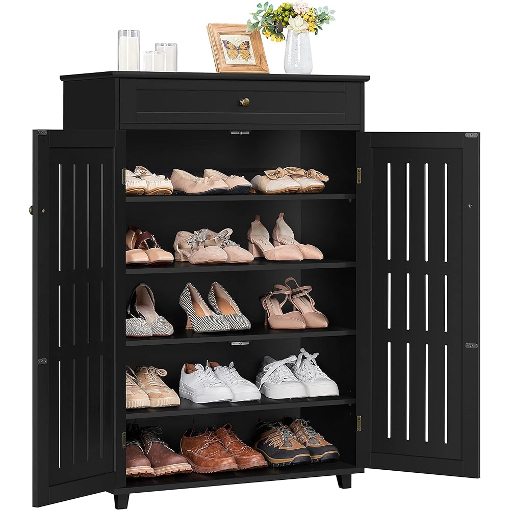 Yaheetech Shoe Cabinet, 5-Tier Shoe Rack Organizer with 1 Drawer, Freestanding Wooden Shoe Storage Cabinet with 2 Louvered Door & Adjustable Shelves for Entryway Hallway, Black : Home & Kitchen