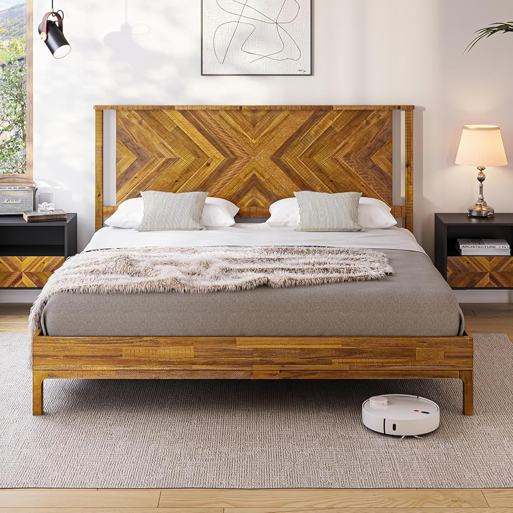 - Bme Vivian 14 Inch Deluxe Bed Frame with Headboard, Rustic & Scandinavian Style with Solid Acacia Wood, No Box Spring Needed, 12 Strong Wood Slat Support, Easy Assembly, King, Rustic Golden Brown