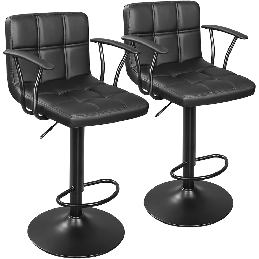 ERGOSEAT Bar Stools Set of 2, Armrest Adjustable Swivel Barstools with Back, Double Needle PU Leather Counter Height Chairs for Kitchen lsland (Black) : Home & Kitchen