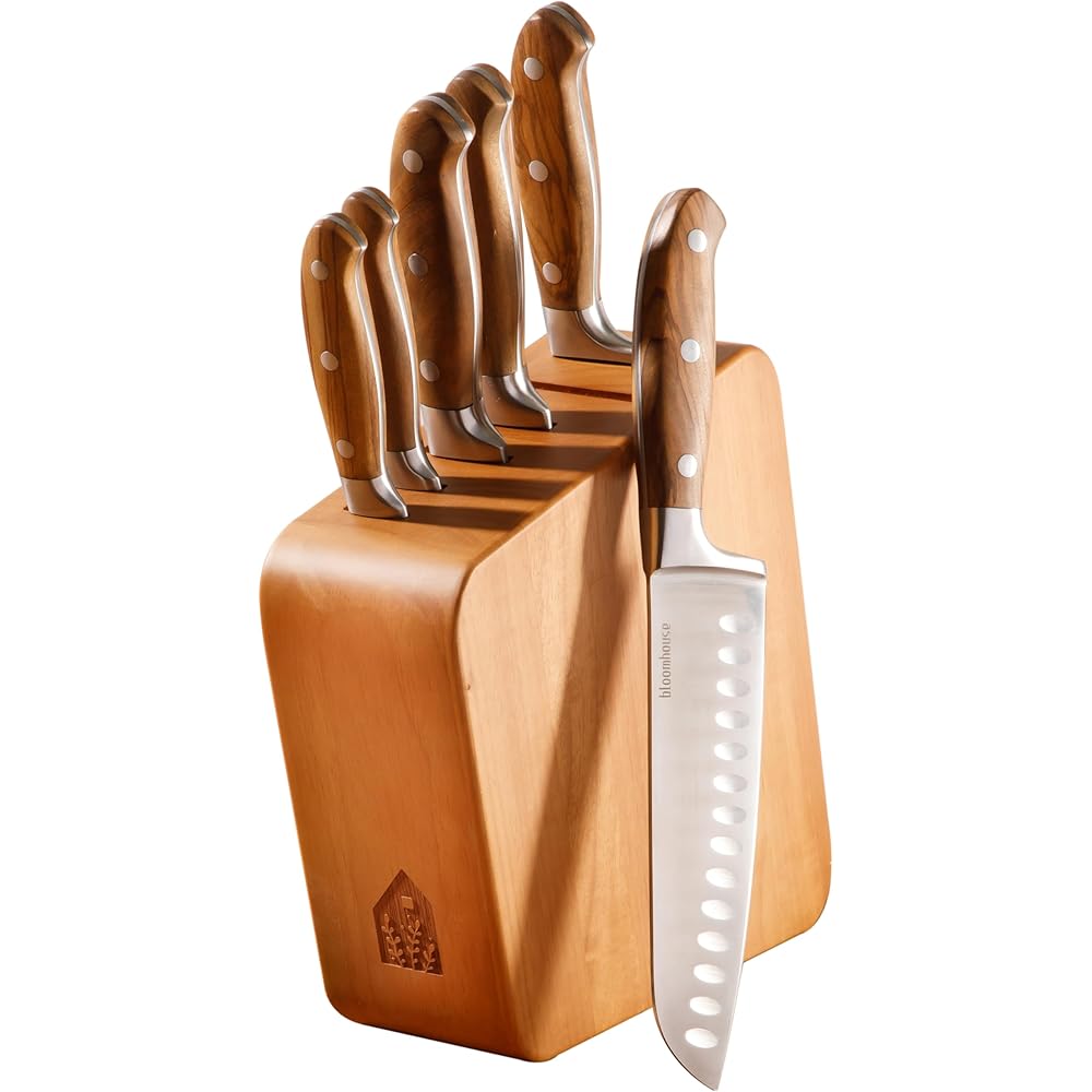 Bloomhouse - Opah's Favorite Things - 7 Piece Italian Olive Wood Kitchen Knife Block Set w/German Forged Stainless Steel Knives: Home & Kitchen
