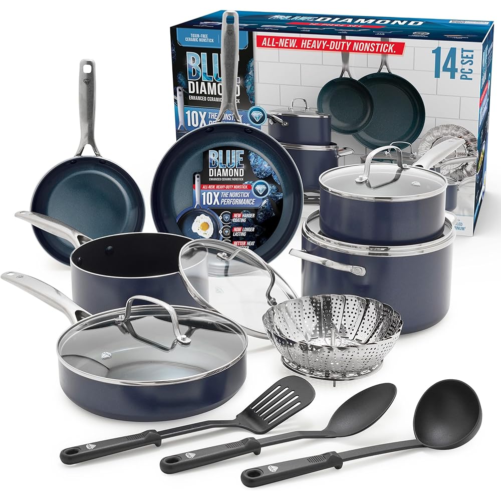 Blue Diamond 14 Piece Nonstick Cookware Set, Diamond Ceramic Pots & Pans, Dishwasher & Metal Utensil Safe, Non Toxic PFAS-Free, Kitchen Cooking Sauce & Saute Pans, Oven & Broiler to 600F, Blue: Home & Kitchen