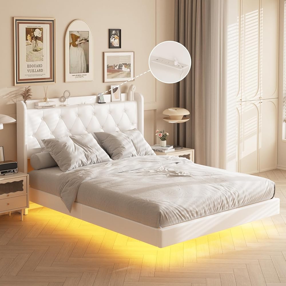 Full Size Floating Bed Frame with LED Lights, Upholstered PU Leather Platform Bed with Charging Station & Button Tufted Headboard Storage, No Box Spring Needed, White : Home & Kitchen