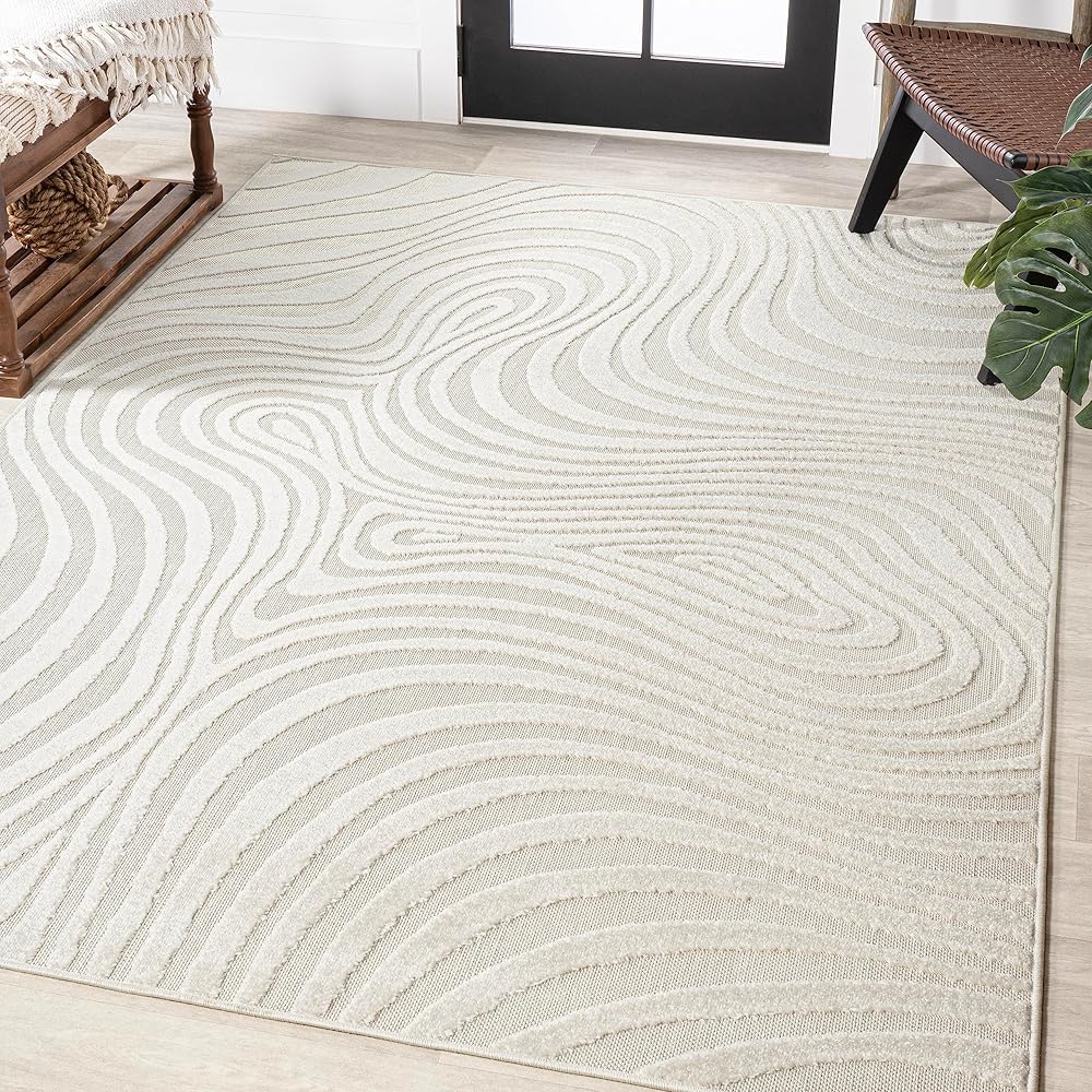 JONATHAN Y SCN103A-8 Maribo High-Low Abstract Groovy Striped Indoor/Outdoor Area Rug, Contemporary, Modern, Vintage, Bohemian for Bedroom,Kitchen,Living Room,Non Shedding,Easy-Washing, Cream, 8 X 10 : Home & Kitchen