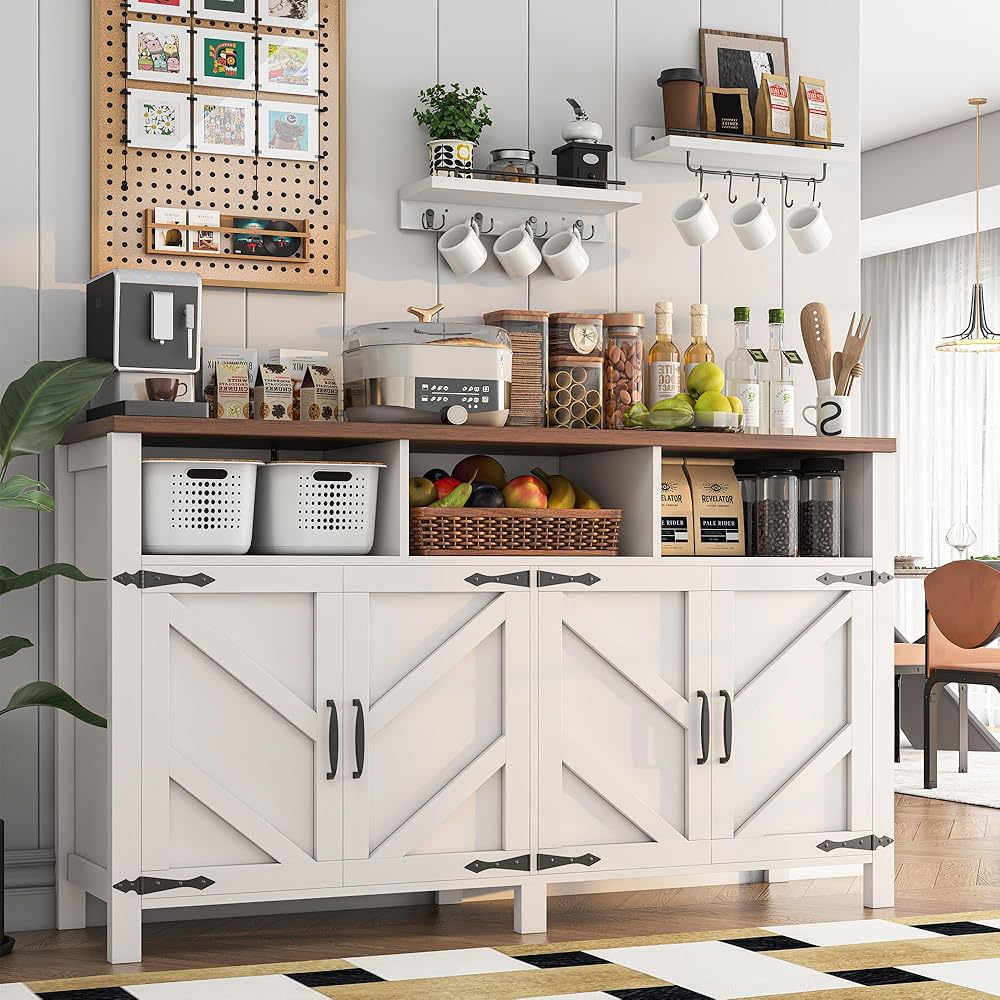 - knoworld Buffet Sideboard with Storage Farmhouse with 4 Doors, 55'' Large Kitchen Storage Cabinet Wood Coffee Bar Cabinet Buffet Table with Shelves for Kitchen, Dining Room, Entryway - Buffets & Sideboards