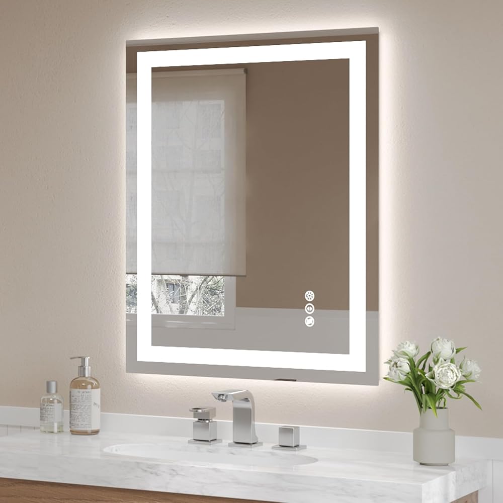 USHOWER LED Bathroom Mirror 28x36 Inch Tempered Glass - Frameless LED Backlit Lighted Mirror for Bathroom Vanity with Anti-Fog, 3 Colors Dimmable, Memory Function, Wall-Mounted : Home & Kitchen