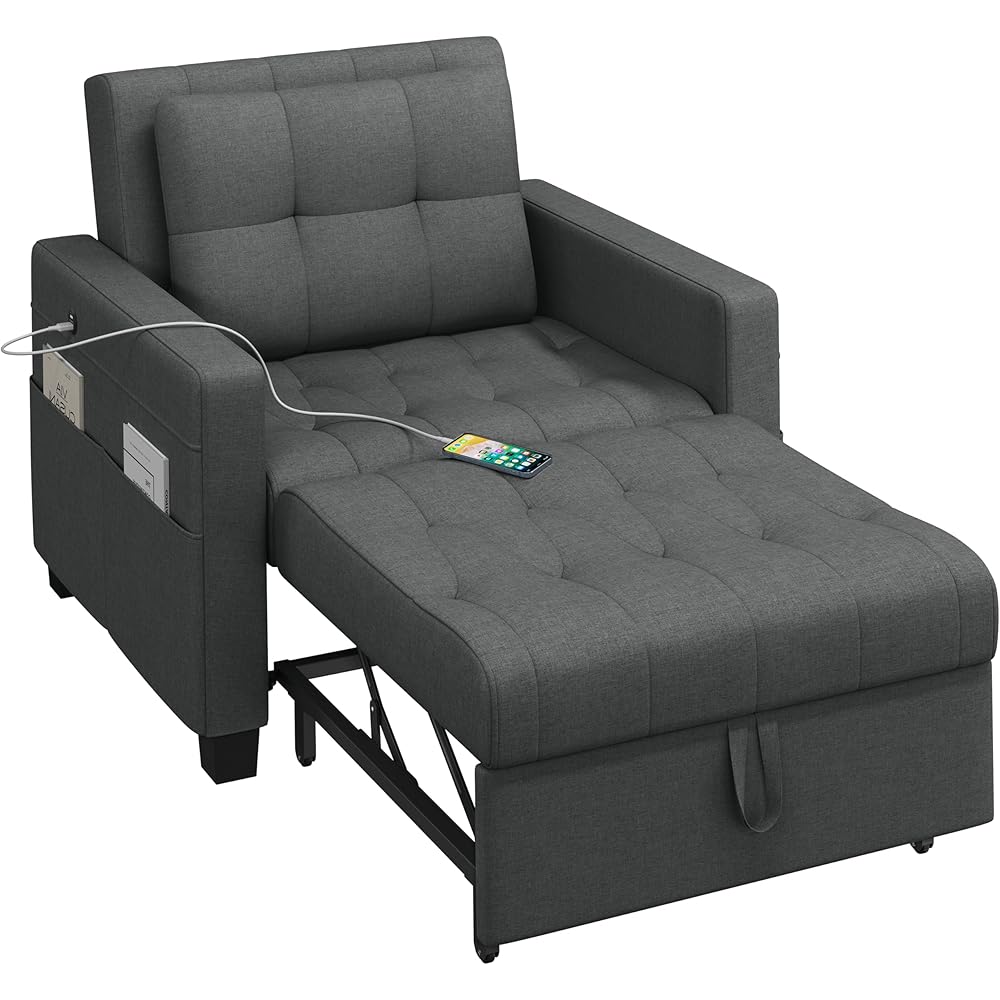 Yaheetech Sleeper Sofa Bed Convertible Sofa Chair Bed Pull Out Sofa Bed with Adjustable Backrest & USB and Type C Charging Ports for Living Room Office Bedroom Apartment, Dark Gray : Home & Kitchen