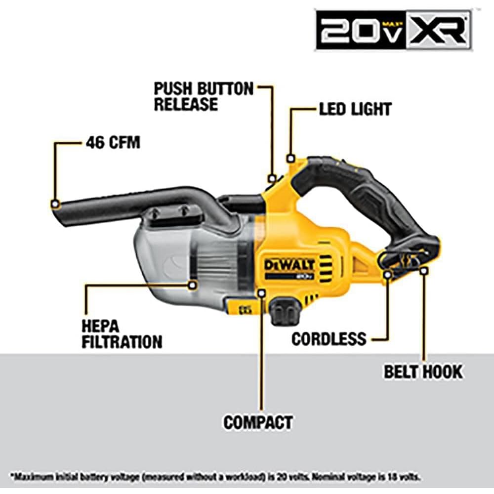 DEWALT 20V Vacuum, Cordless Handheld Vacuum, HEPA, Battery Not Included (DCV501HB) : Home & Kitchen