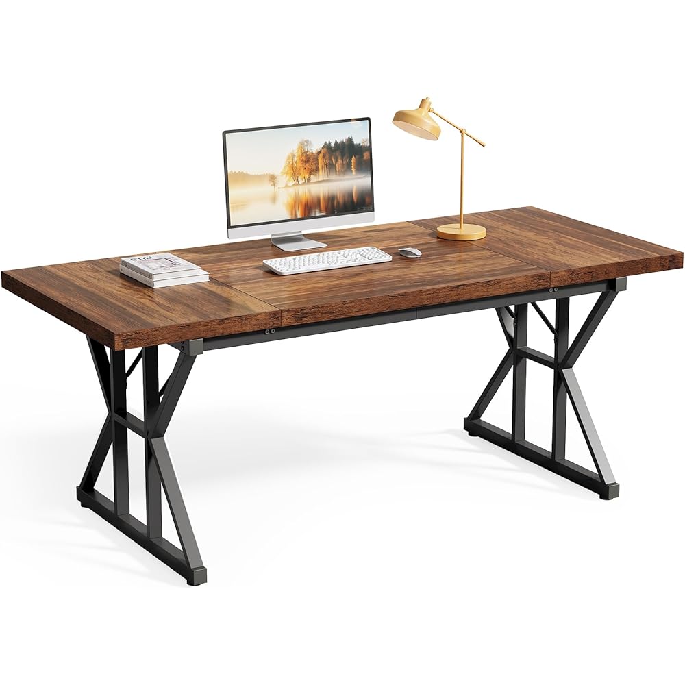 LITTLE TREE 70.8-Inch Office Desk, Wooden Executive Office Desk, Modern Work Desk, Large Farmhouse Writing Table Computer Desk for Home, Brown-Black : Home & Kitchen