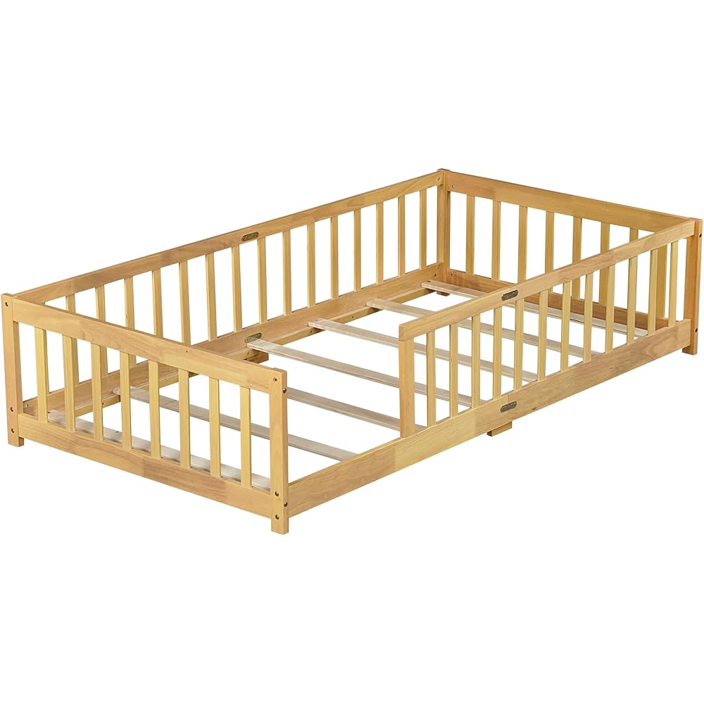PVWIIK Twin Size Montessori Toddler Floor Bed with Wood Slats for Girls and Boys, Wood Montessori Bed Frame with Safety Guardrails, No Box Spring Needed, Natural : Home & Kitchen