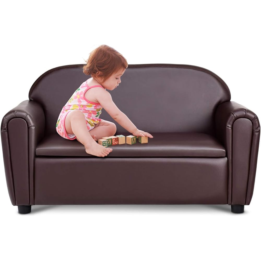 Costzon Kids Couch, 2 in 1 Double Seat Children's Sofa w/Under Seat Storage, PU Leather Surface, Toddler Armrest Chair, Kids Room, Soft Sofa with Storage for Preschool Baby Boys Girls Gifts : Home & Kitchen