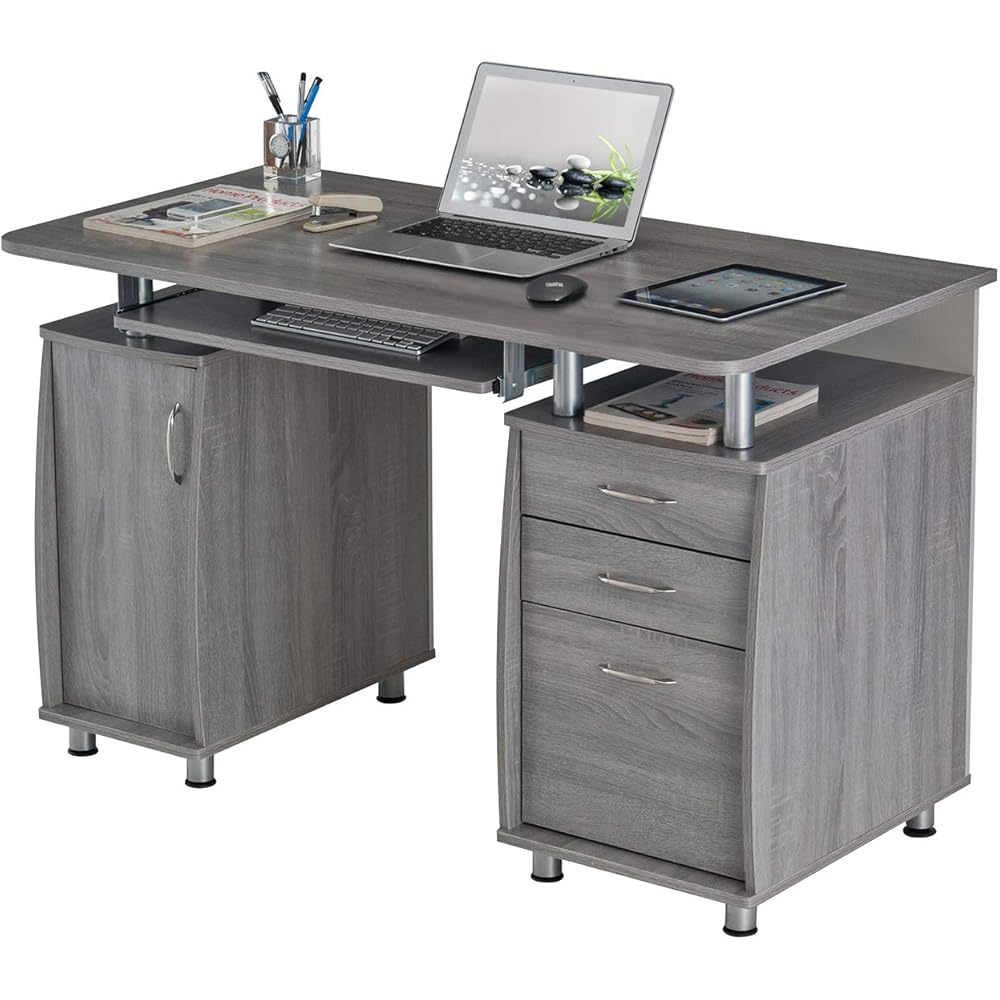 47.5'' Computer Desk with File Cabinet and Drawers, Storage Cabinet with Removable Shelf and Ventilation for CPU, Home Office Desk or Computer Workstation with Keyboard Tray, Grey : Home & Kitchen