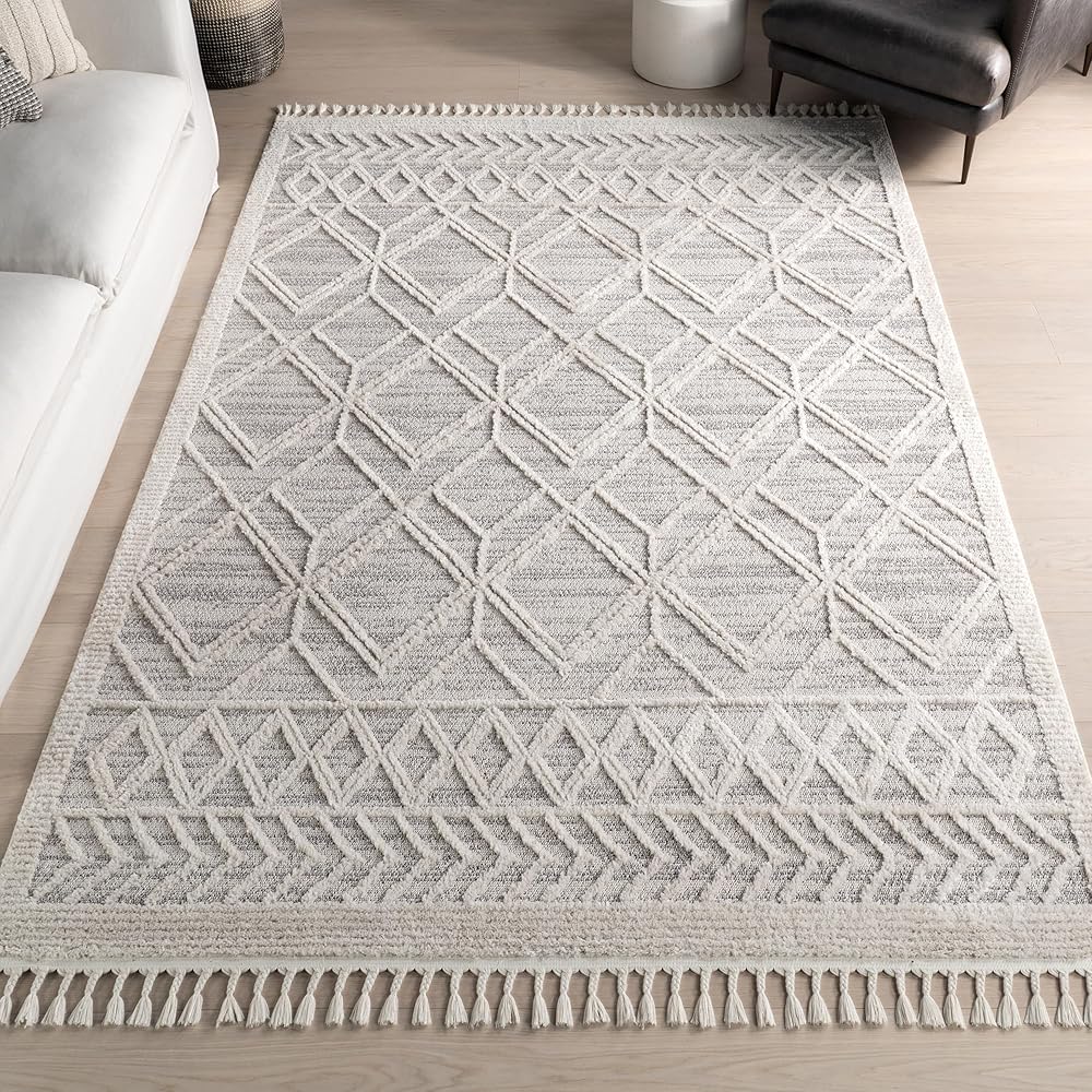 nuLOOM 8x11 Ansley Moroccan Tassel Area Rug, Light Grey, High-Low Textured Bohemian Design, Plush High Pile, Stain Resistant, For Bedroom, Living Room, Hallway, Entryway : Home & Kitchen