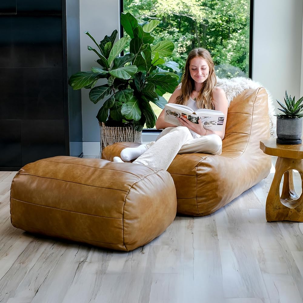 Big Joe Modora Bean Bag Chair Lounger and Ottoman Bundle, Copper Harbor Vegan Leather : Home & Kitchen