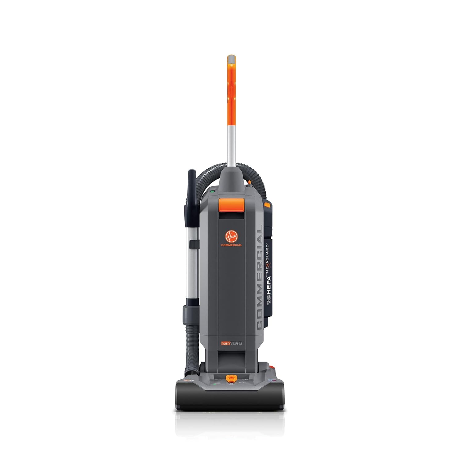 - Hoover Commercial HushTone 13-Inch 2-Speed Upright Vacuum Cleaner with IntelliBelt, Quiet Bagged HEPA Filtered Professional Rated, 40-Foot Long Cord, CH54113, Gray/Orange