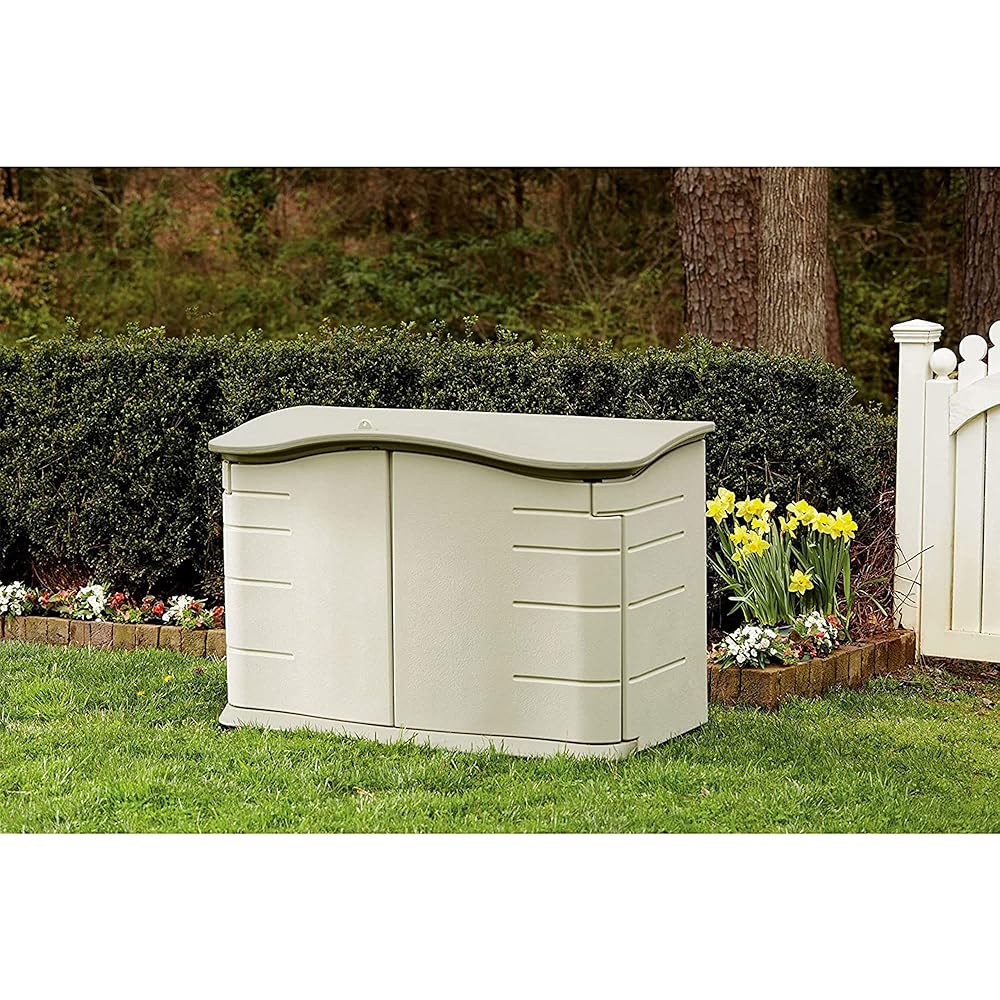 : Rubbermaid Small Horizontal Resin Outdoor Storage Shed With Floor (4.5 x 3 Ft) Weather Resistant, Beige/Brown, Organization for Home/Backyard/Pool Chemicals/Toys/Garden Tools/Porch/Patio Cushions : Patio, Lawn & Garden