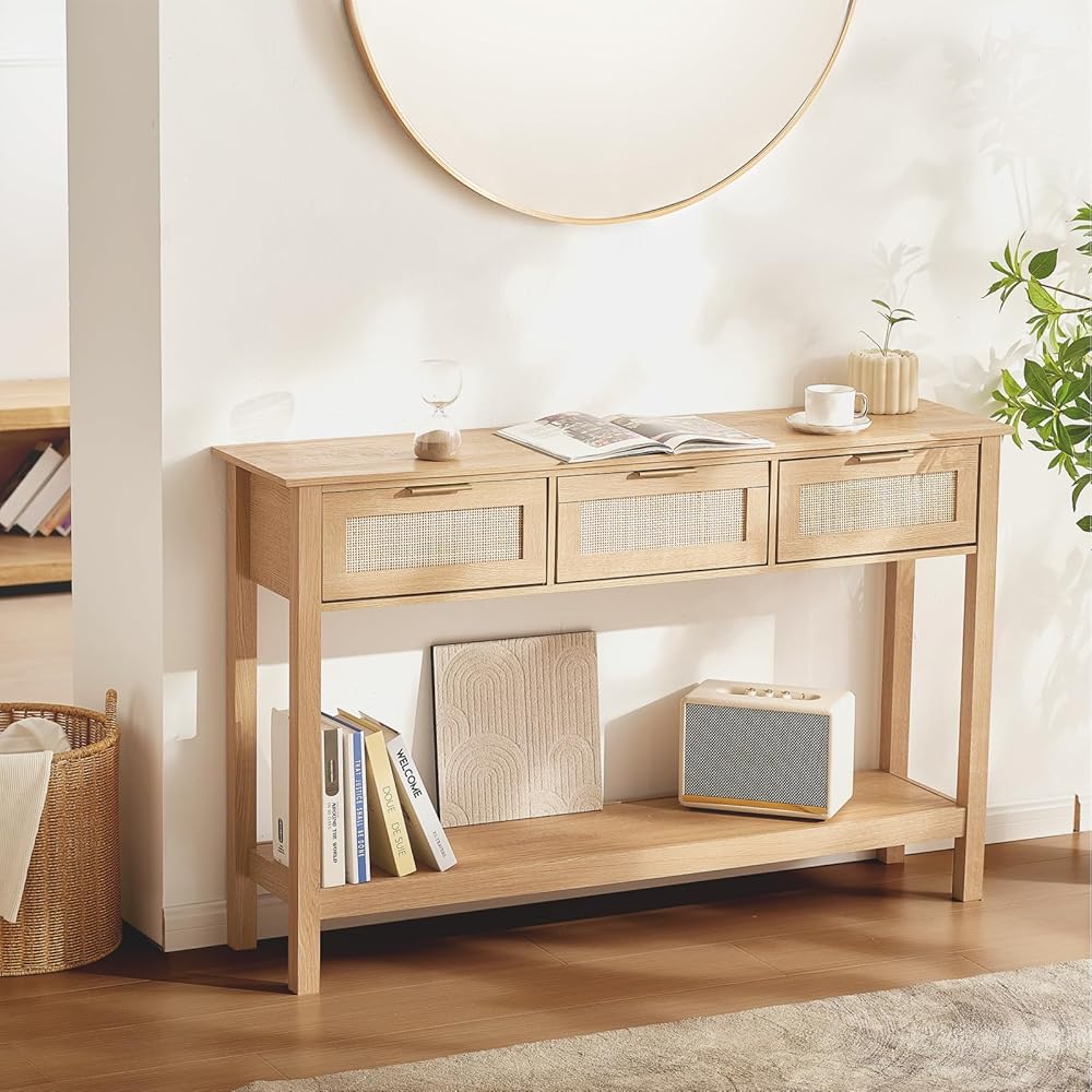 VEVOR Rattan Console Table with 3 Storage Drawers, Rattan Entryway Table with Natural Rattan Sliding Door, Console Sofa Table for Living Room, Study, Entryway Or TV Wall, Natural : Home & Kitchen