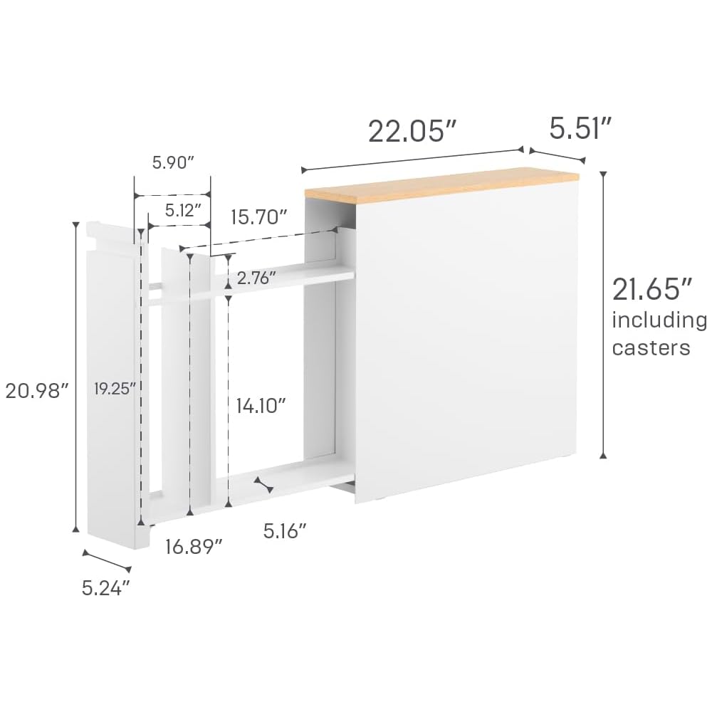 Yamazaki Home Tower Pull-Out Bathroom Storage Cabinet – Slim Bathroom Organizer with Wood Top - Steel + Wood - Holds Up to 12 Rolls of Toilet Paper and A Toilet Brush