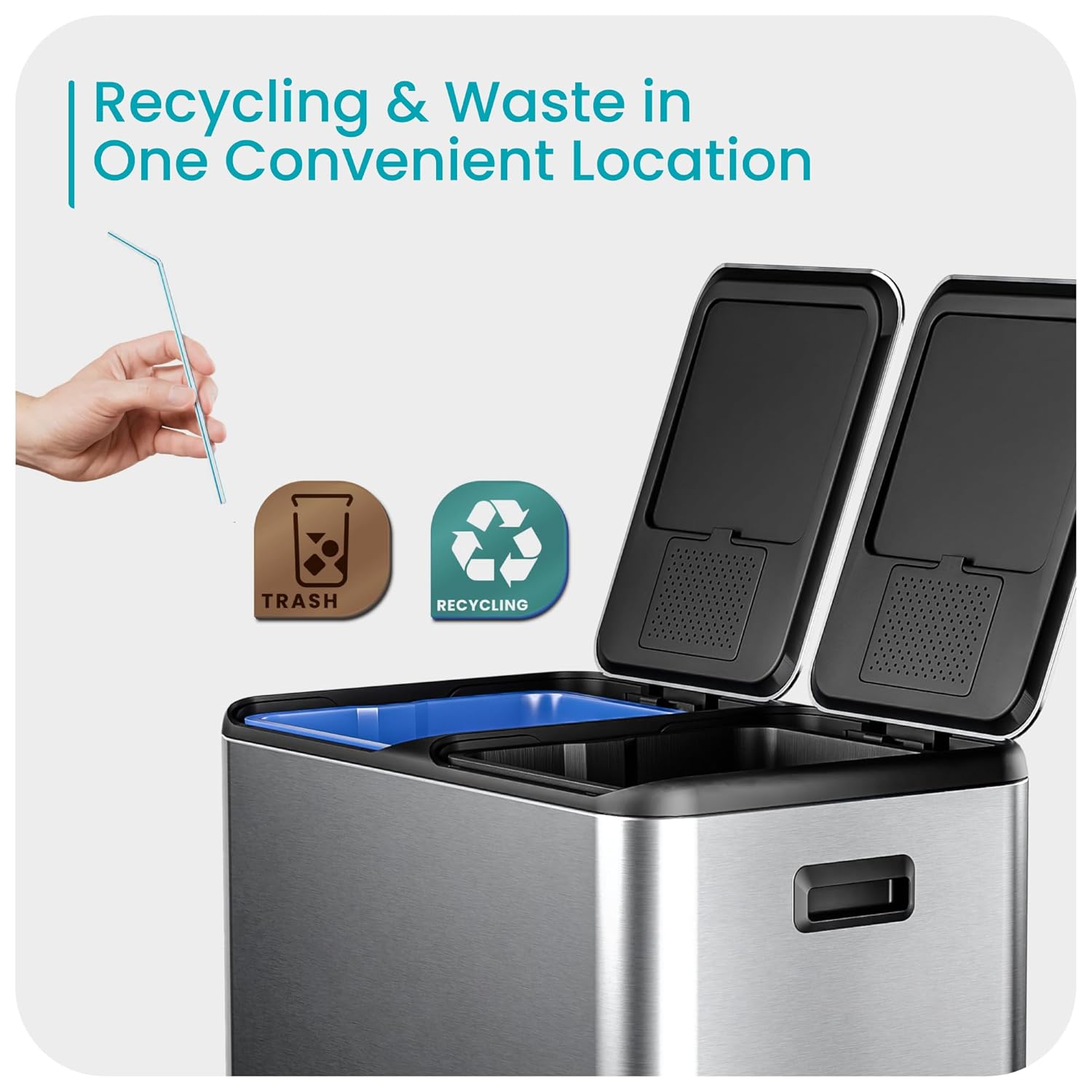 Home Zone Living 16 Gallon Kitchen Trash Can with Dual Compartments for Recycling, Stainless Steel, Silver, 60 Liters Total : Home & Kitchen