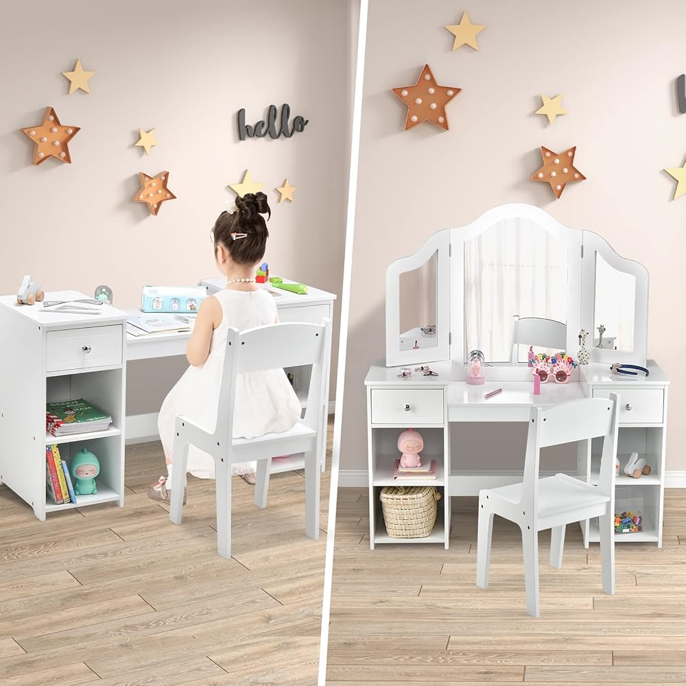 INFANS Kids Vanity, 2 in 1 Princess Makeup Desk and Chair Set with Drawers Tri-Folding Detachable Mirror Large Storage Shelves, Wooden Dressing Table, Pretend Play Vanity Set for Toddler Girls : Home & Kitchen