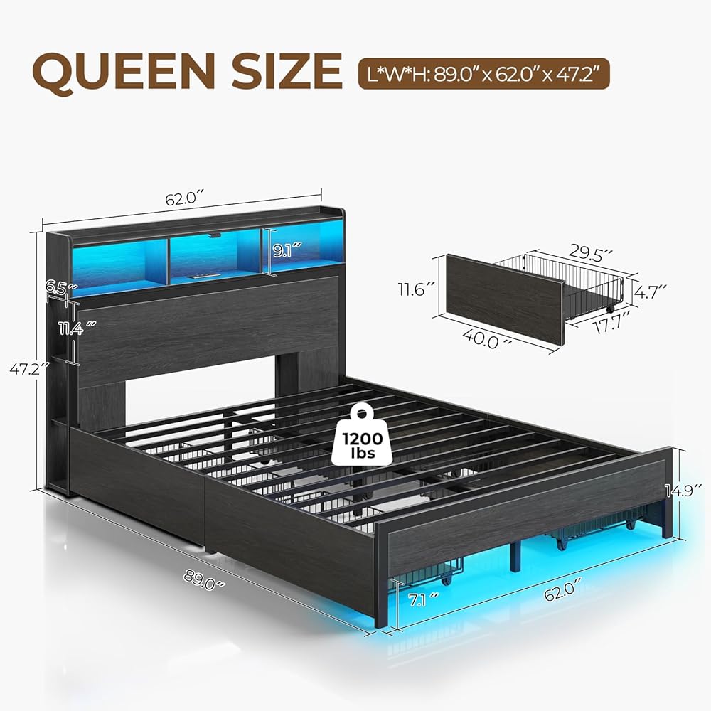Rolanstar Queen Bed Frame with Storage,4-Drawer Platform Bed with USB Charging Station,Built in LED Lights and Bookcase Headboard,No Box Spring Needed,Easy Assembly,Noise-Free,Black : Home & Kitchen