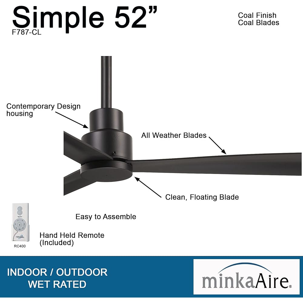 MINKA-AIRE F787-CL Simple 52 Inch Outdoor 3 Blade Ceiling Fan with DC Motor in Coal Finish : Tools & Home Improvement