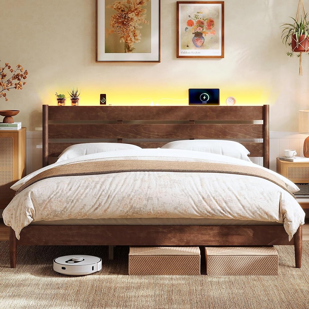 SONGMICS HOME King Bed Frame with Solid Wood Legs Slats, Platform Bed with Headboard, LED Lights, Charging Station, Mid-Century Modern Style, No Box Spring Needed, Coffee Brown URMB414K02 : Home & Kitchen