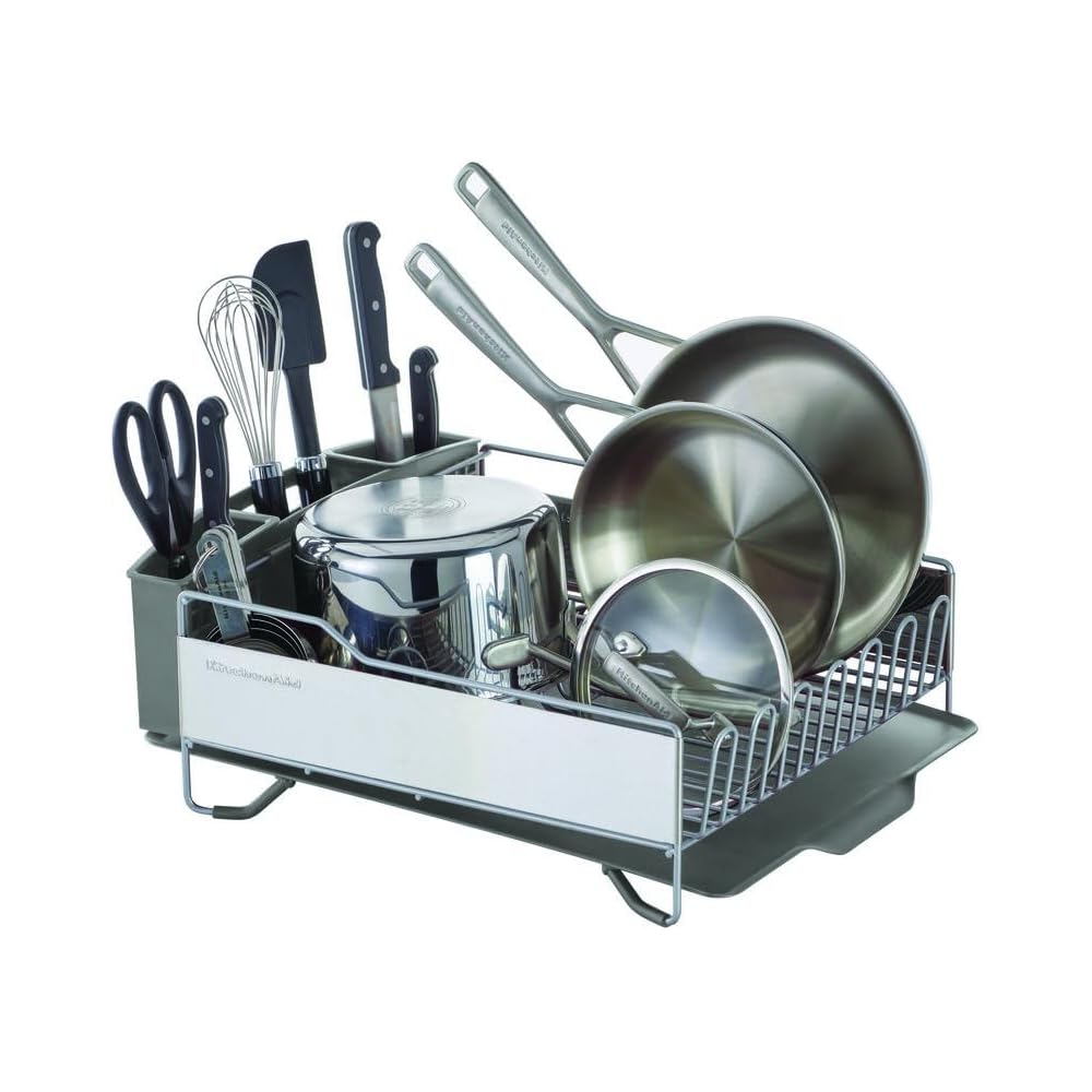KitchenAid Large Capacity Full Size Rust Resistant Dish Rack with Angled Drain Board and Removable Flatware Caddy, Light Grey: Home & Kitchen