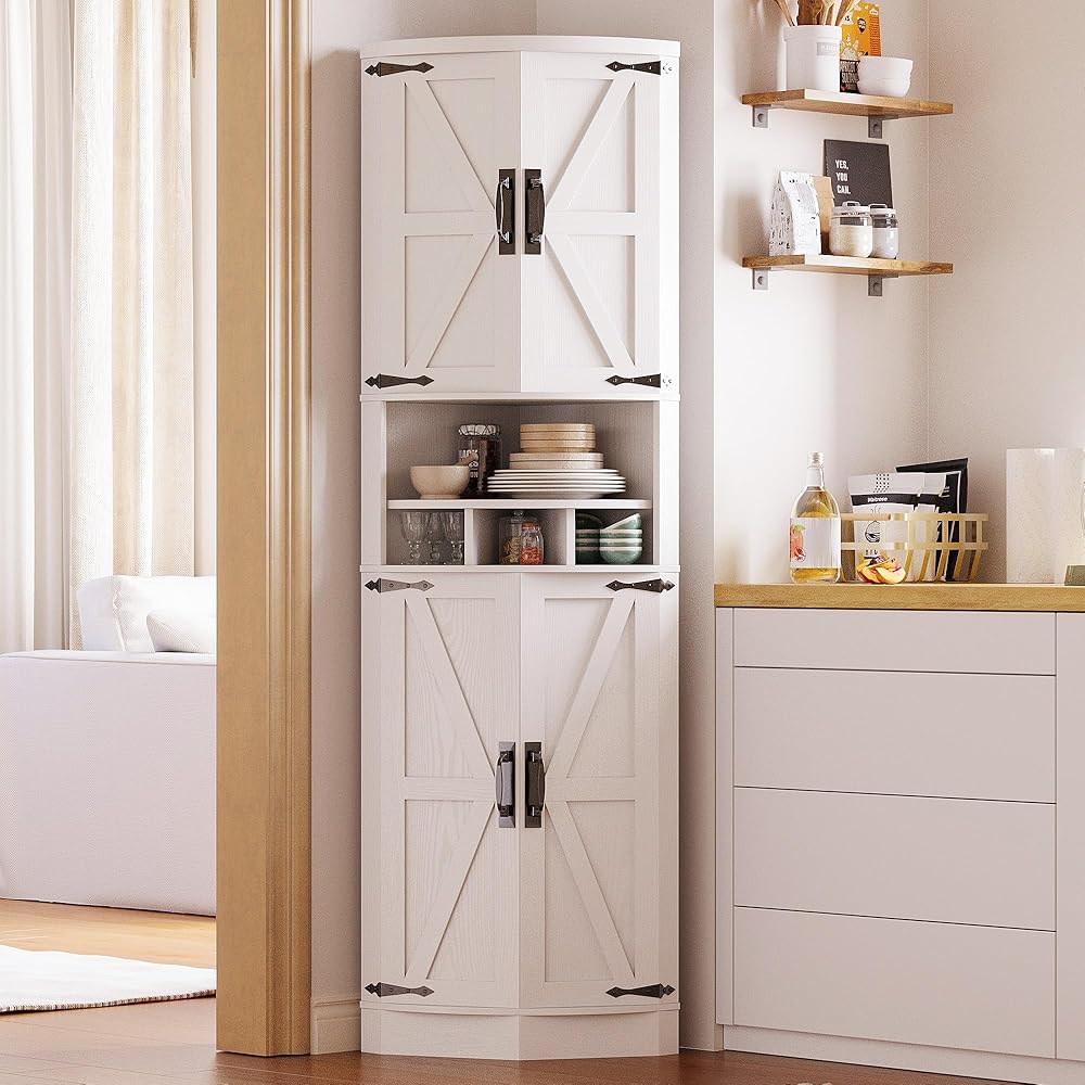 IRONCK Tall Corner Cabinet with 3 Wine Racks, Farmhouse Storage Cabinet with 4 Doors and Adjustable Shelves, Barn Door Design, Corner Bar Cabinet for Living Room, Kitchen, Laundry Room White : Home & Kitchen