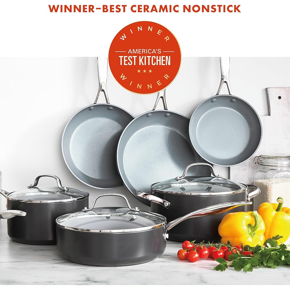 GreenPan 11 Piece Valencia Pro Ceramic Nonstick Cookware Set, PFAS-Free, Induction Ready, Hard Anodized Pots & Pans with Lids, Compatible on All Cooktops, Dishwasher & Oven Safe, Gray
