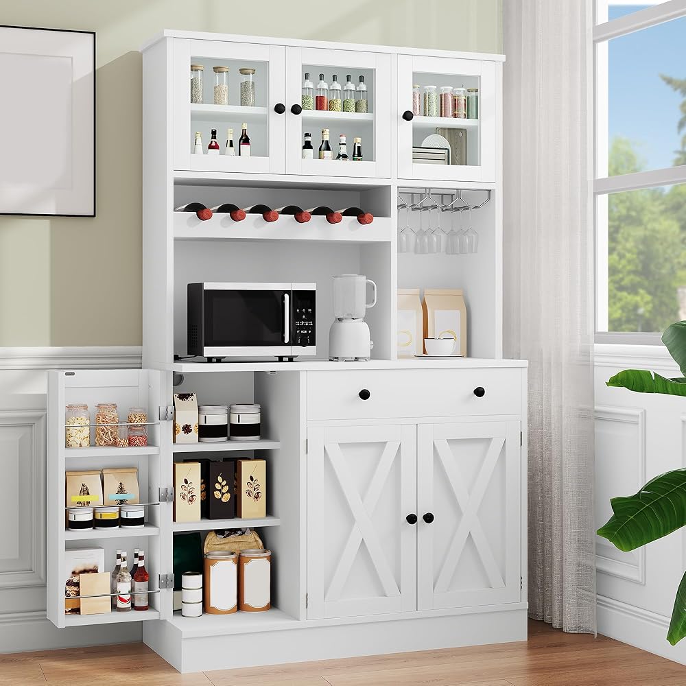 YITAHOME 71''H Kitchen Pantry Cabinet, Tall Cabinet with Drawer, Doors, Goblet Holder, Wine Rack & Power Outlet for Kitchen, Living Room (White) : Home & Kitchen