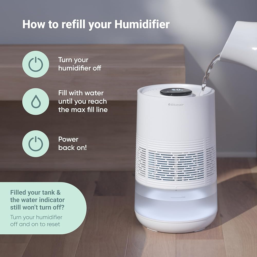 BLUEAIR Premium Smart Humidifier for Large Rooms, Bedrooms, Better Sleep with Evaporative Invisible Mist Tech, Auto Humidify, Easy Top Fill, Smart Control with App, Touchscreen, 3.5L Tank for 48 hours : Home & Kitchen