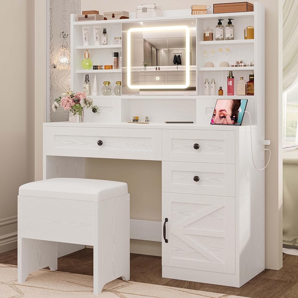 IRONCK Vanity Desk with LED Lighted Mirror, Large Storage Makeup Vanity Table with 5 Drawers, Cabinet, 7 Open Shelves, Power Outlet, Storage Stool, Bedroom, White : Home & Kitchen