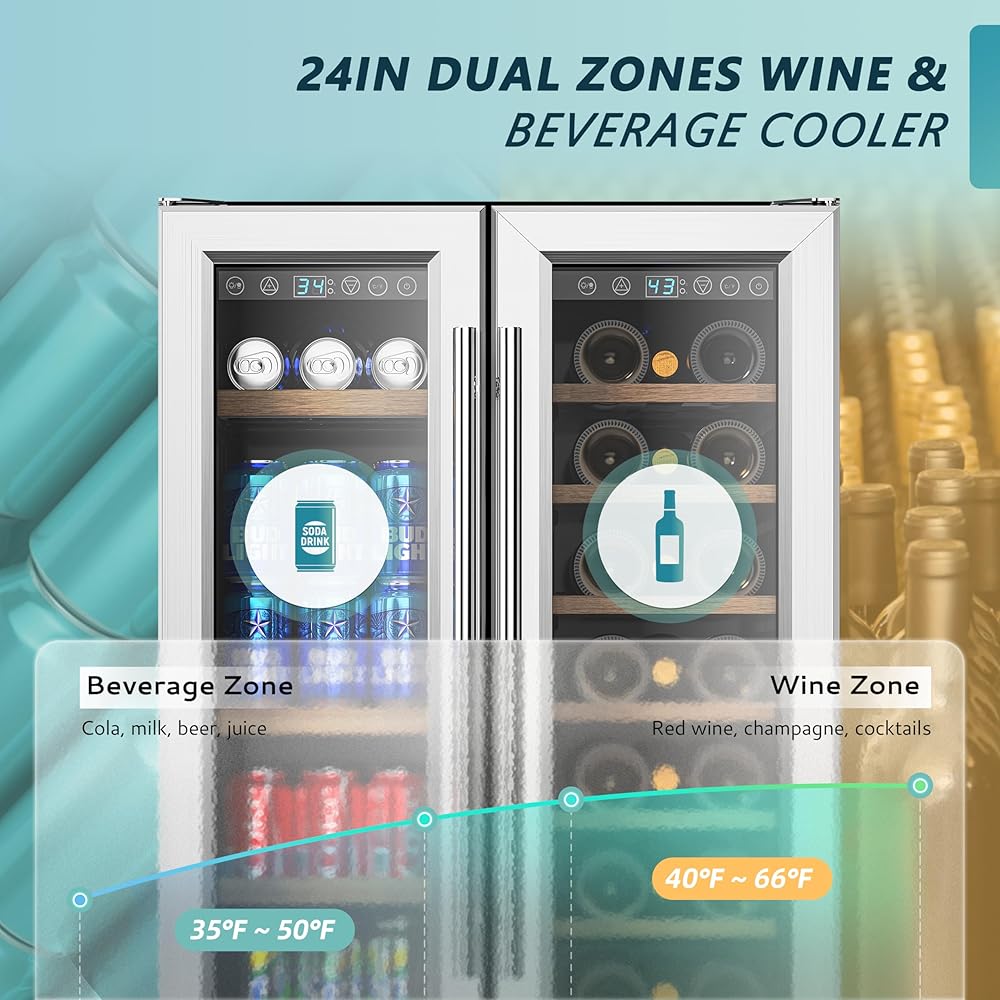 EUHOMY Wine and Beverage Refrigerator, 24 Inch Dual Zone Wine Cooler with Glass Door Hold 21 Bottles and 88 Cans, Built in or Under Counter Wine Fridge with Blue LED Light: Home & Kitchen