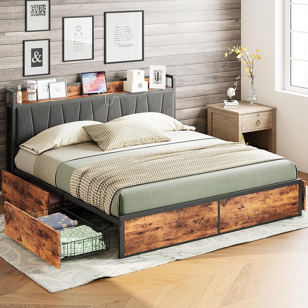 LIKIMIO King Bed Frame with 4 Storage Drawers, Platform Bed with Charged Headboard, Sturdy and Stable, No Noise, No Box Spring Needed, Easy to Install, Vintage Brown and Gray : Home & Kitchen