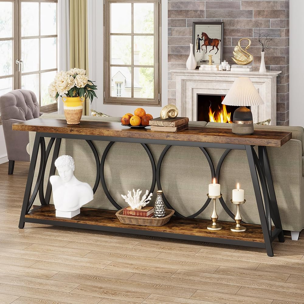 Tribesigns 70.9 inch Extra Long Console Table, Industrial Sofa Table Behind Couch with 2 Tier Storage Shelf, Narrow Entryway Hallway Accent Table for Living Room, Rustic Brown : Home & Kitchen