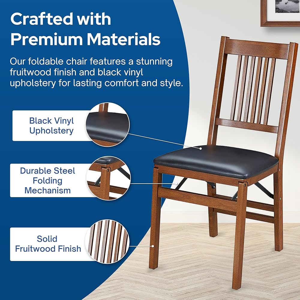 MECO Stakmore True Mission Wooden Folding Chairs with Padded Seats, Set of 2 - No Assembly Foldable Dining Chairs, Steel Folding Mechanism, Upholstered Cushion, Space-Saving, Fruitwood Frame : Home & Kitchen
