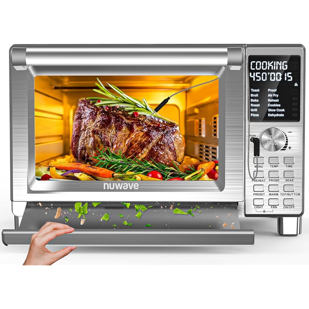 Nuwave Bravo XL Pro Air Fryer Toaster Oven, Improved 100% Super Convection, Quicker & Crispier Results, 100 Presets, Multi-Layer Even Cooking, 50-500F, Smart Probe, PFAS Free, 30QT, Stainless Steel: Home & Kitchen
