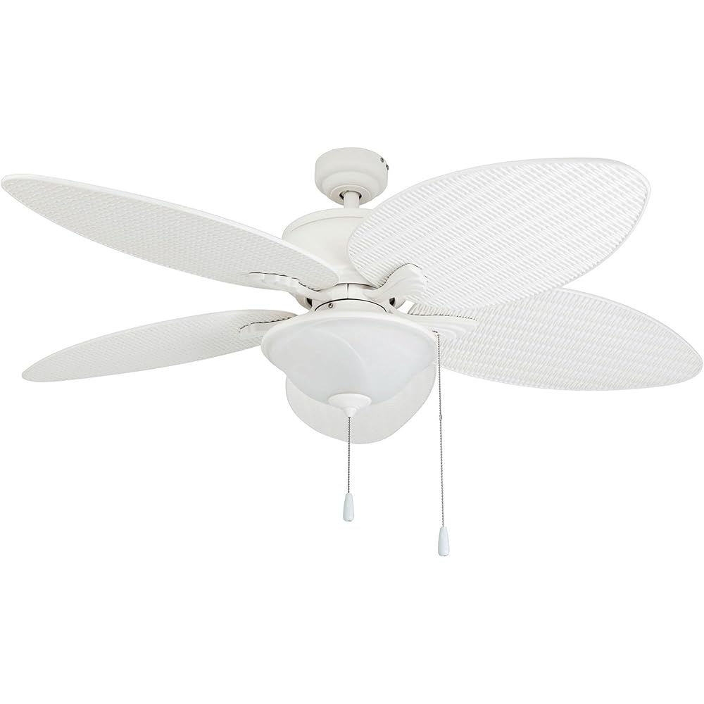 Prominence Home Solana, 52 Inch Tropical Indoor Outdoor Ceiling Fan with Light, Pull Chain, Three Mounting Options, Weather Resistant Palm Leaf Blades - 80018-01 (White) -
