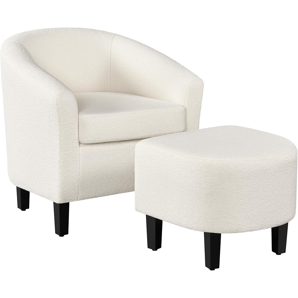 Yaheetech Accent Chair and Ottoman Set, Modern Fuzzy Sherpa Barrel Chair and Footrest, Comfy Boucle Armchair and Footstool for Living Room/Bedroom/Reading Room/Guestroom, Ivory : Home & Kitchen