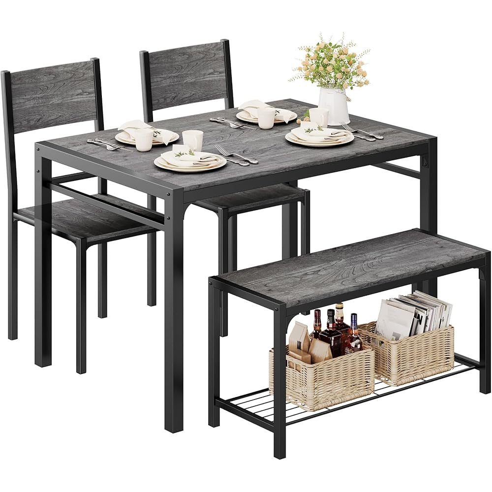 - Shahoo Kitchen Table and 2 Chairs for 4 with Bench, 4 Piece Dining Sets for Small Space, Dark Grey - Table & Chair Sets