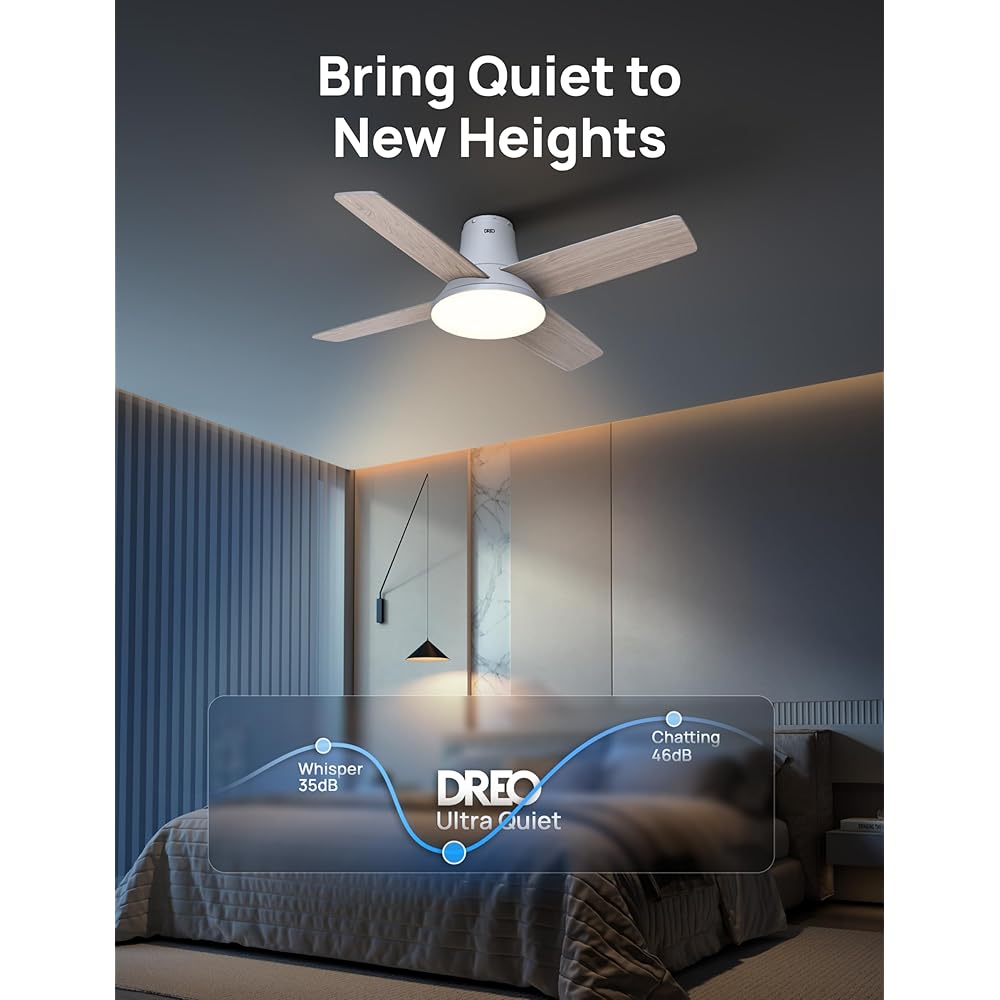 Dreo Ceiling Fans with Lights, 12 Speeds & 3 Fan Modes, Quiet DC Motor, Low Profile Easy to Install, Flush Mount Smart Ceiling Fan with Dimmable LED, 12H Timer for Bedroom, Remote, White, 44'' -