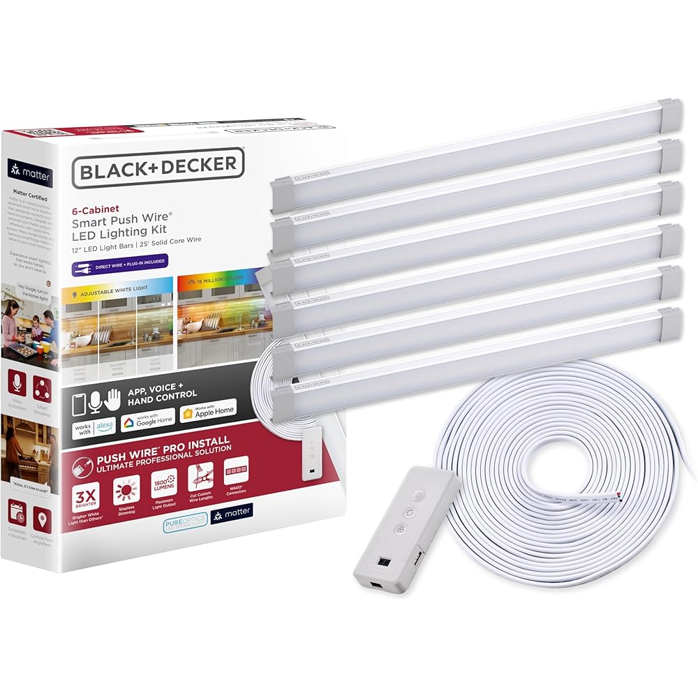 BLACK+DECKER Professional Push Wire® Matter Certified Smart Under Cabinet Lighting Kit, Adjustable White and RGB LEDs, Works with Alexa, Apple Home, Google Home, (6) 12