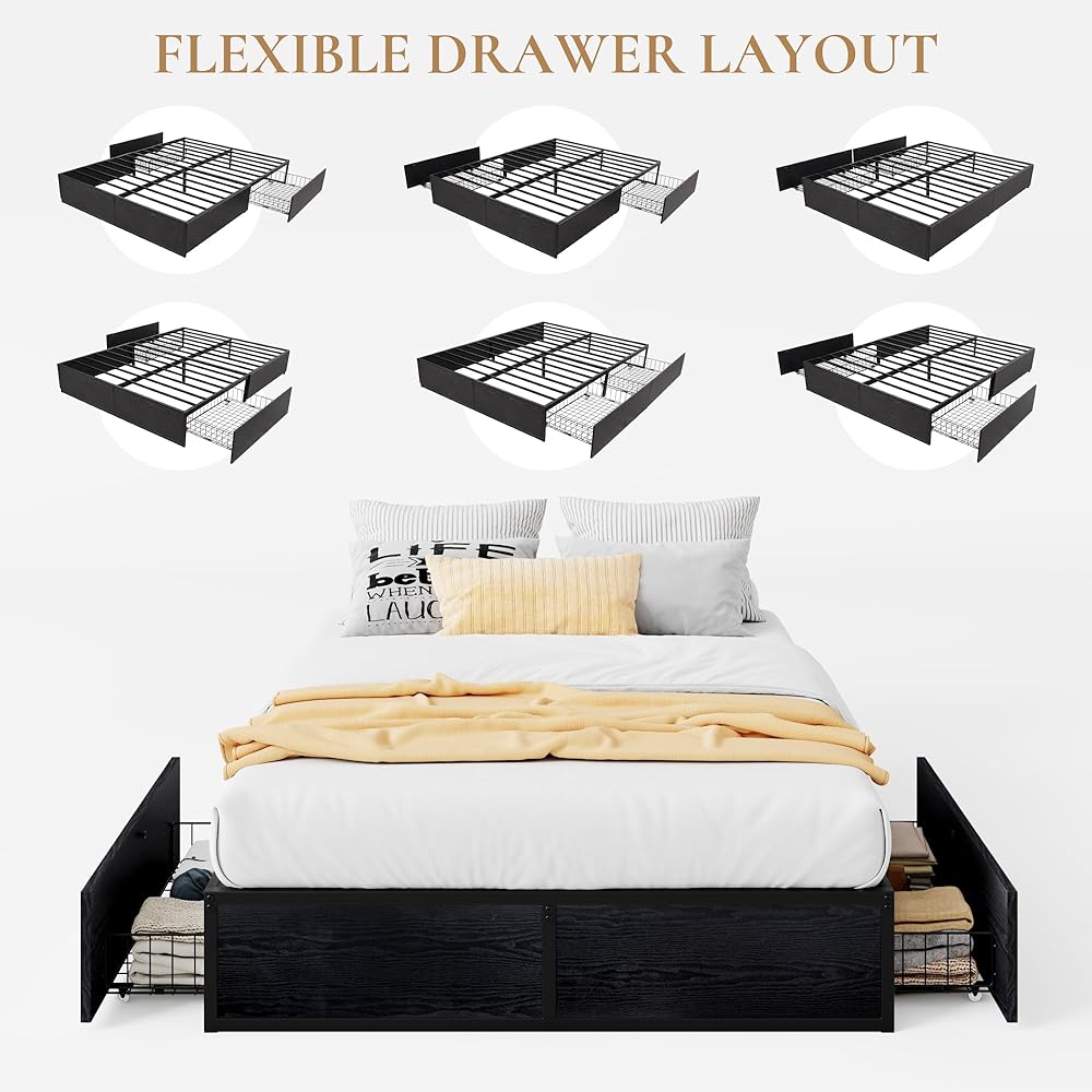 SHA CERLIN Queen Platform Bed Frame with 2 Large Storage Drawers, Rustic Wood and Metal, Noise-Free, Easy Assembly, No Box Spring Needed, Black : Home & Kitchen