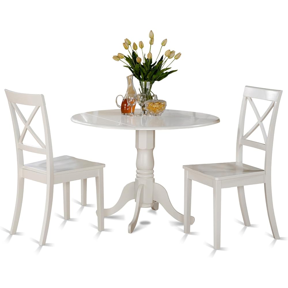 East West Furniture DLBO3-WHI-W 3 Piece Dining Room Table Set Contains a Round Kitchen Table with Dropleaf and 2 Dining Chairs, 42x42 Inch, Linen White : Home & Kitchen